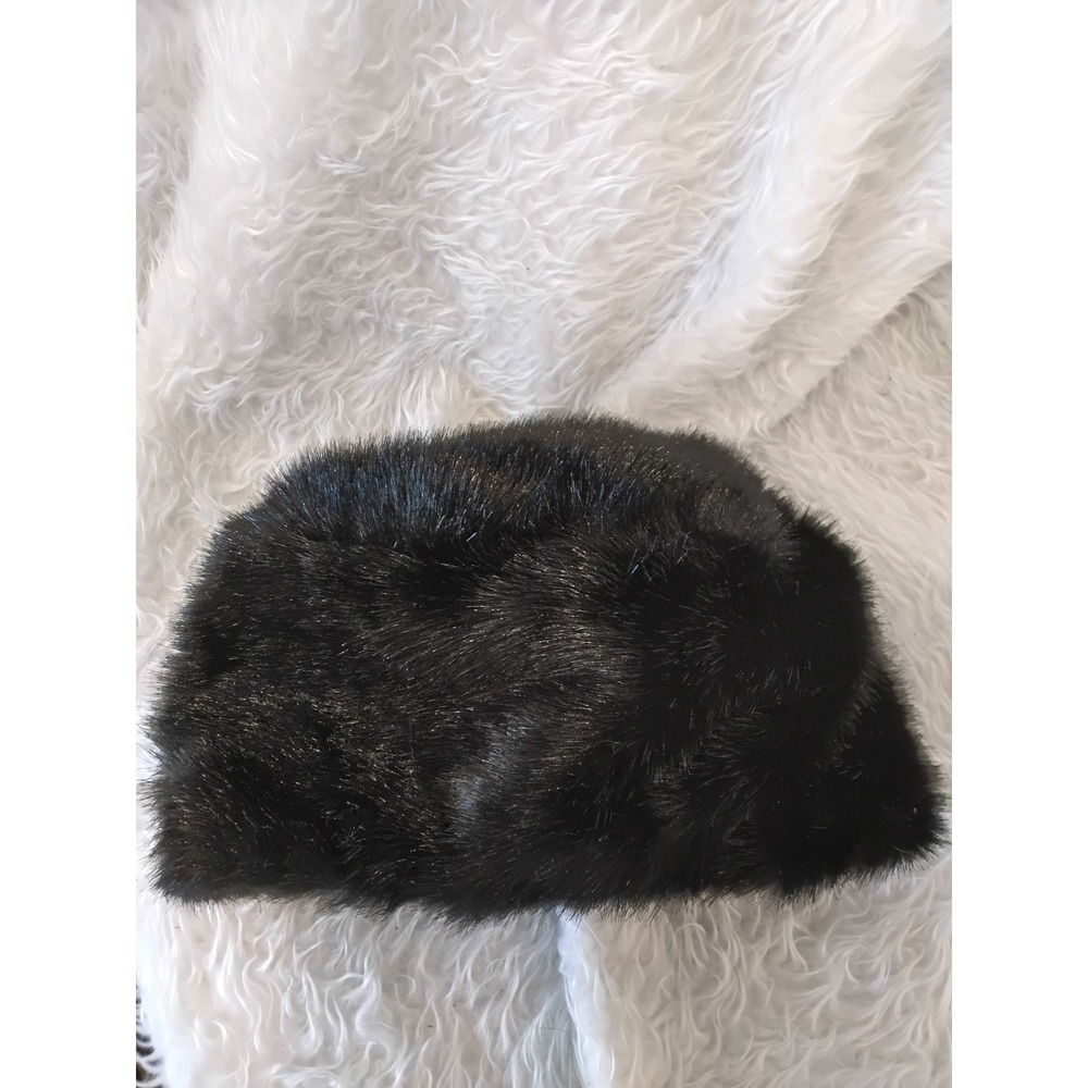 Bandwagon‎ Black Faux Fur Pillbox Hat Winter Warm Elastic Band RN 71104
